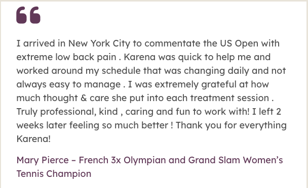 Patient testimonial from French three-time Olympian and Grand Slam tennis champion Mary Pierce describing her successful low back pain treatment at ActiveCare Physical Therapy in New York City.