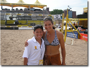 Olympic gold medalist and professional beach volleyball player Misty May with Dr. Karena Wu at ActiveCare Physical Therapy, highlighting sports rehabilitation, orthopedic physical therapy, injury prevention, athletic performance, and recovery.