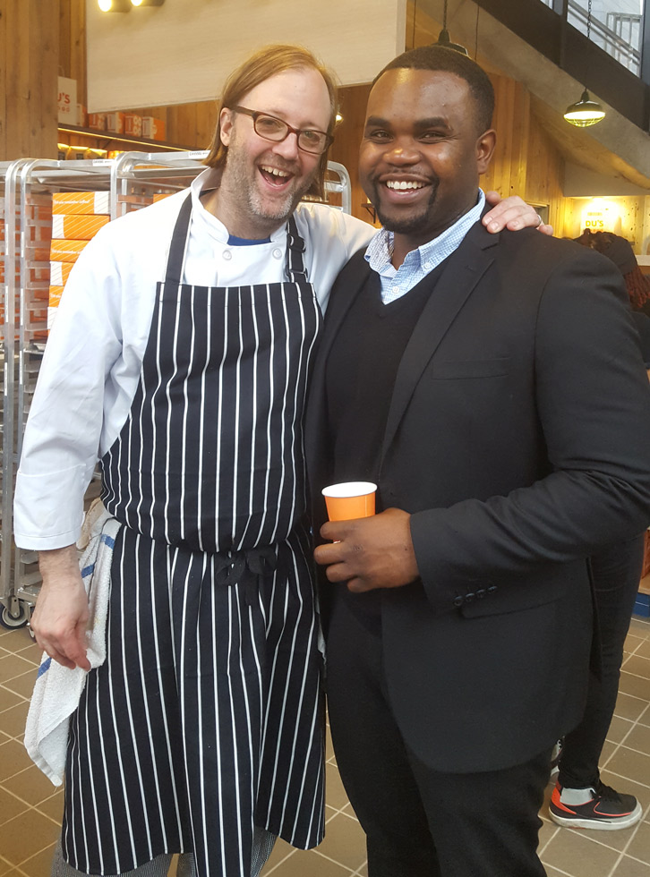 Celebrity chef Wylie Dufresne with James Francisco, Office Manager at ActiveCare Physical Therapy NYC, following personalized physical therapy and rehabilitation in Midtown Manhattan, New York City.